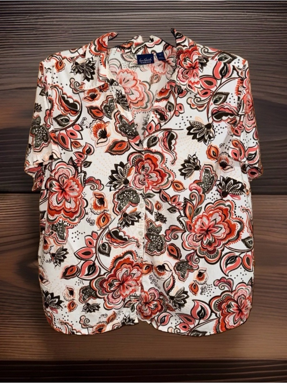 Vtg G. Vanderbilt Short-Sleeve Button-Down Floral Top-White,Coral,Black-2X-EC